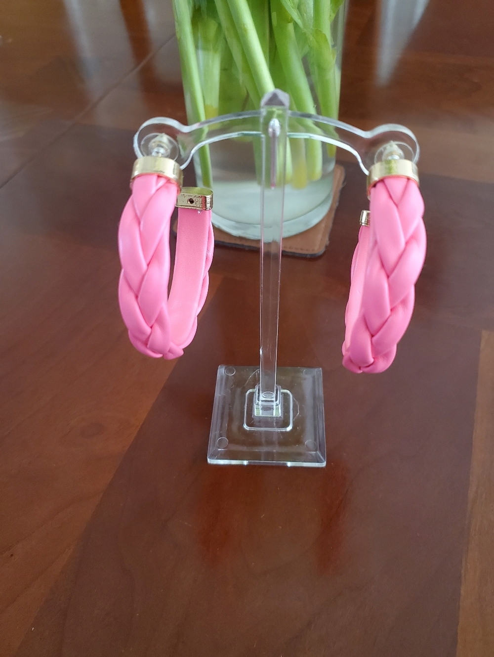 Braided Hot Pink Leatherette Hoop Earrings